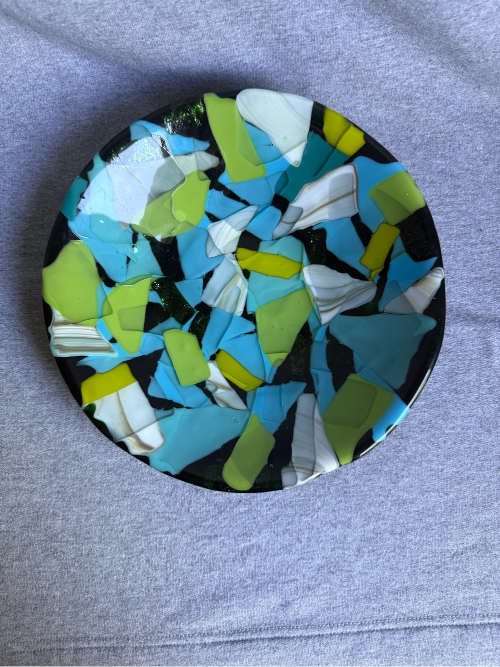 Source Unknown Fused Glass Art Plate in Blue, Green, White & Black